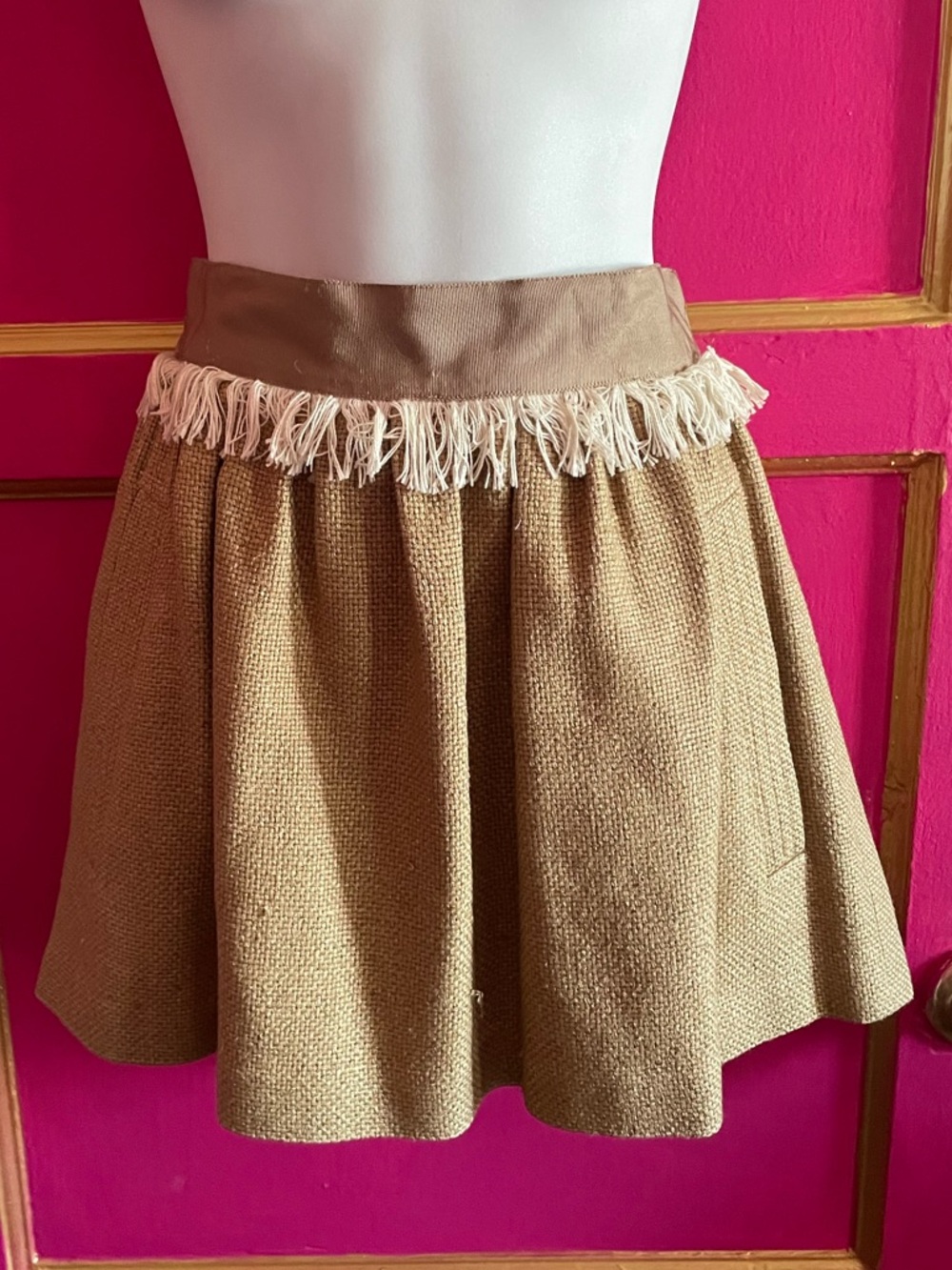 Open Ceremony Woven natural raw silk mini skirt with Fringe grosgrain belt SM